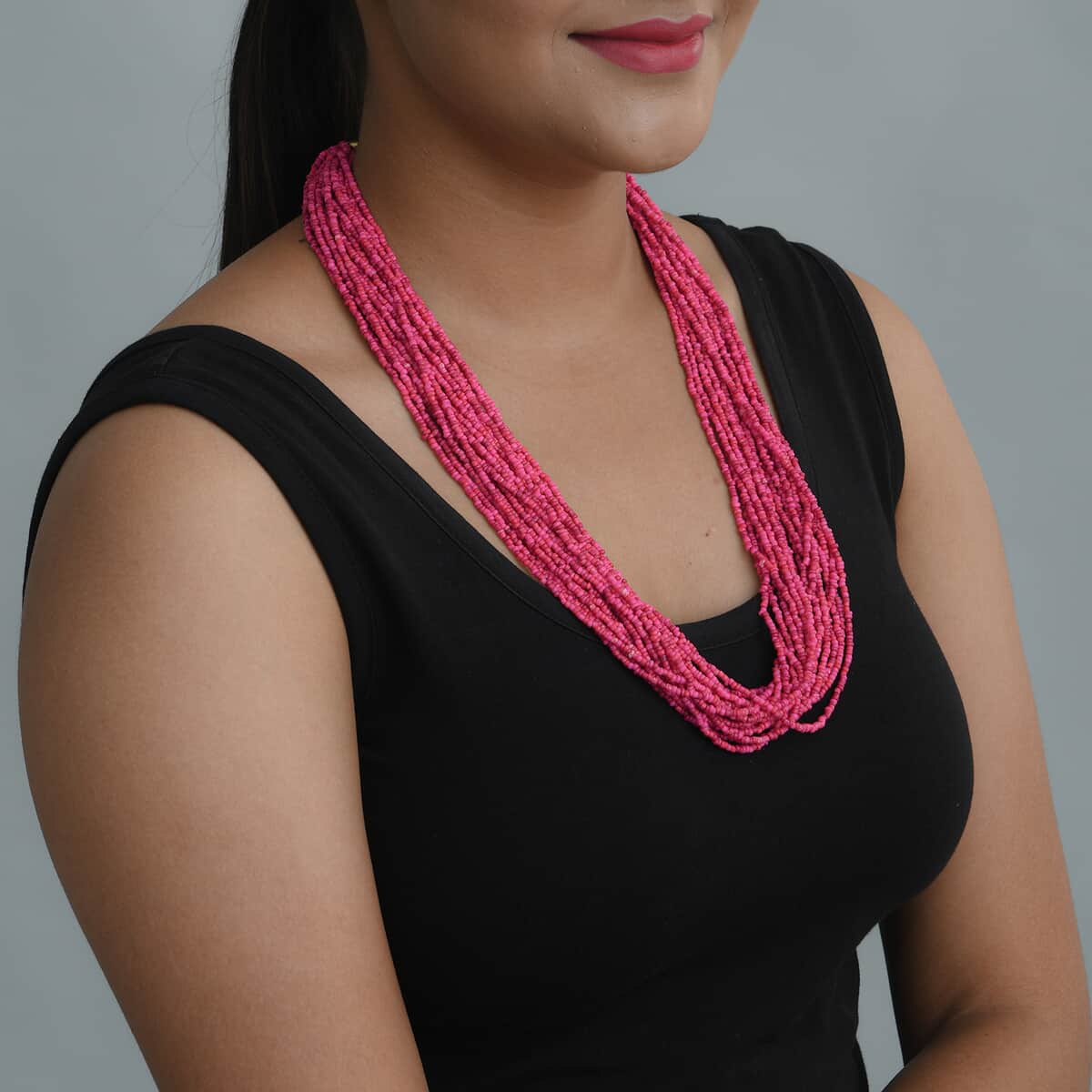 Fuchsia Seed Beaded Multi Strand Necklace (24 Inches) in Goldtone image number 1