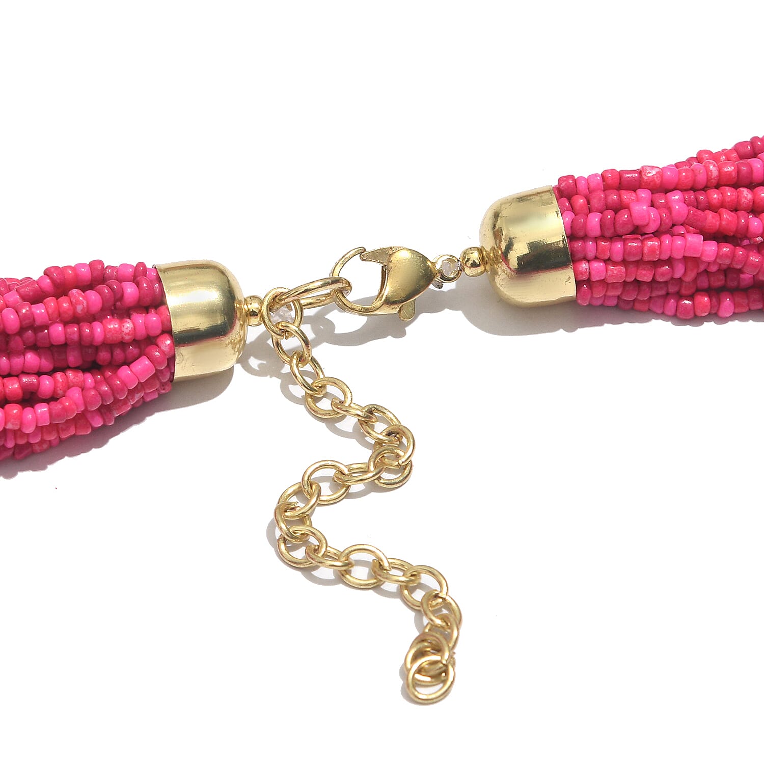 Fuchsia Seed Beaded Multi Strand Necklace (24 Inches) in Goldtone
