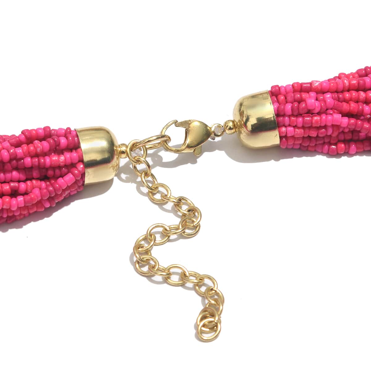 Fuchsia Seed Beaded Multi Strand Necklace (24 Inches) in Goldtone image number 3