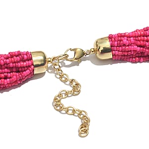 Fuchsia Seed Beaded Multi Strand Necklace (24 Inches) in Goldtone