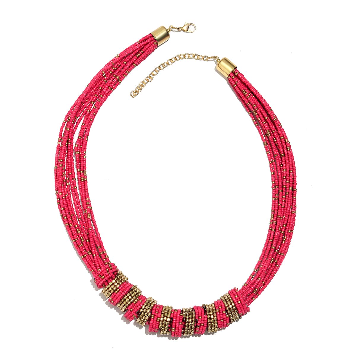 Fuchsia Seed Beaded Multi Strand Necklace (30 Inches) in Goldtone image number 0