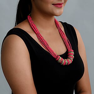 Fuchsia Seed Beaded Multi Strand Necklace (30 Inches) in Goldtone