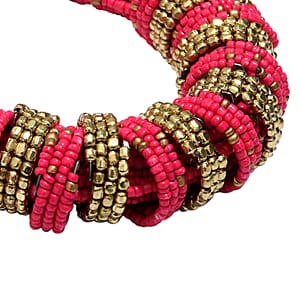Fuchsia Seed Beaded Multi Strand Necklace (30 Inches) in Goldtone