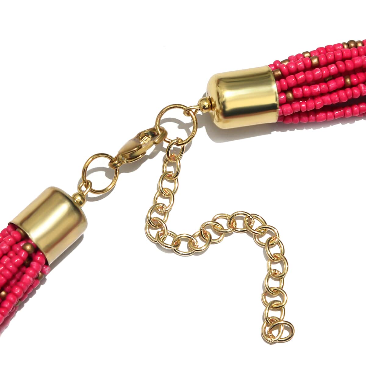 Fuchsia Seed Beaded Multi Strand Necklace (30 Inches) in Goldtone image number 3