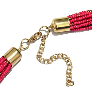 Fuchsia Seed Beaded Multi Strand Necklace (30 Inches) in Goldtone
