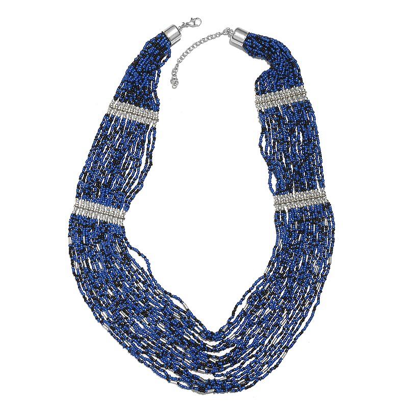 Blue Seed Beaded Multi Strand Necklace in Silvertone 31-33 Inches