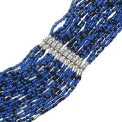 Blue Seed Beaded Multi Strand Necklace in Silvertone 31-33 Inches