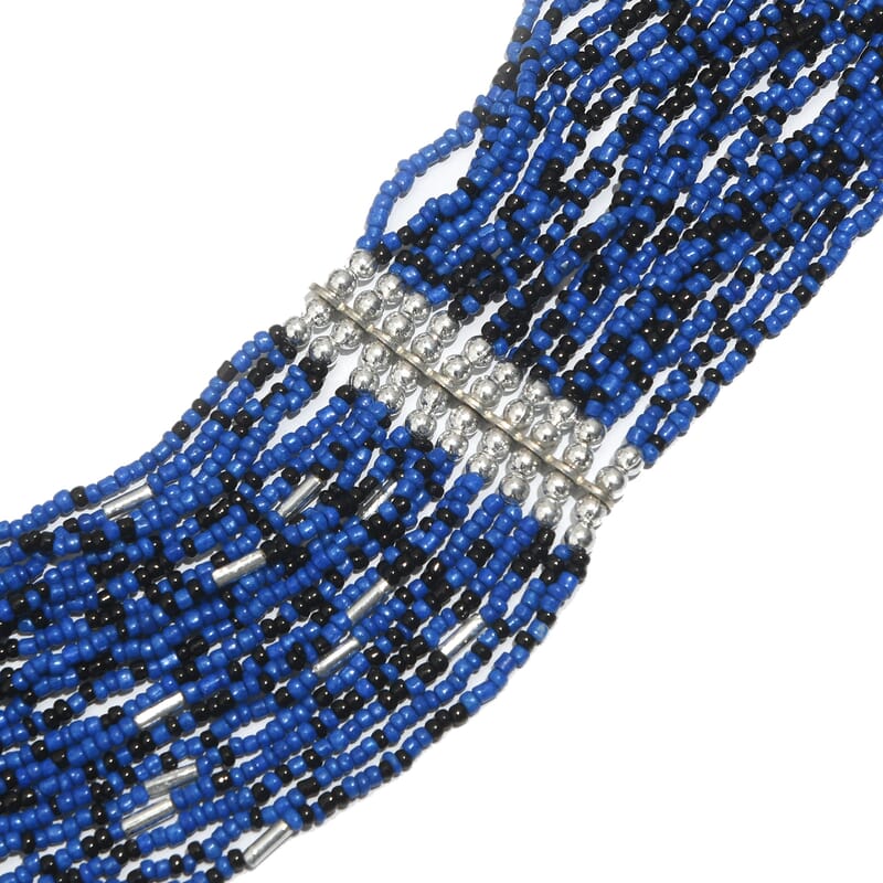 Blue Seed Beaded Multi Strand Necklace in Silvertone 31-33 Inches