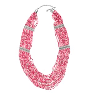 Pink Seed Beaded Multi Strand Necklace in Silvertone 31-33 Inches