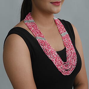 Pink Seed Beaded Multi Strand Necklace in Silvertone 31-33 Inches