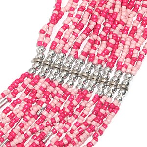Pink Seed Beaded Multi Strand Necklace in Silvertone 31-33 Inches