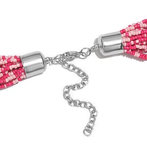 Pink Seed Beaded Multi Strand Necklace in Silvertone 31-33 Inches