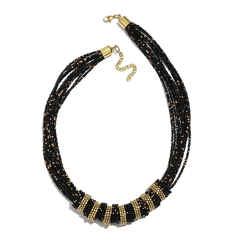 Black Seed Beaded Multi Strand Necklace (22 Inches) in Goldtone