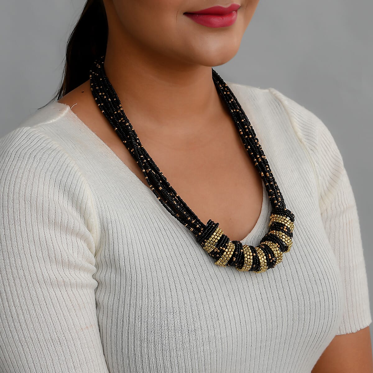 Black Seed Beaded Multi Strand Necklace (22 Inches) in Goldtone image number 1