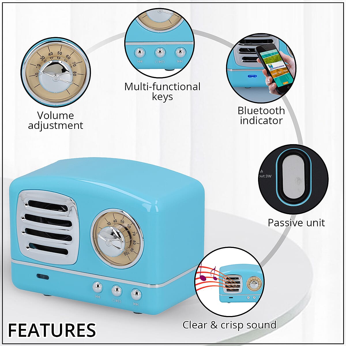 Retro Radio Inspired Multi-functional Bluetooth Speaker- Blue (Battery 400mAh) image number 2