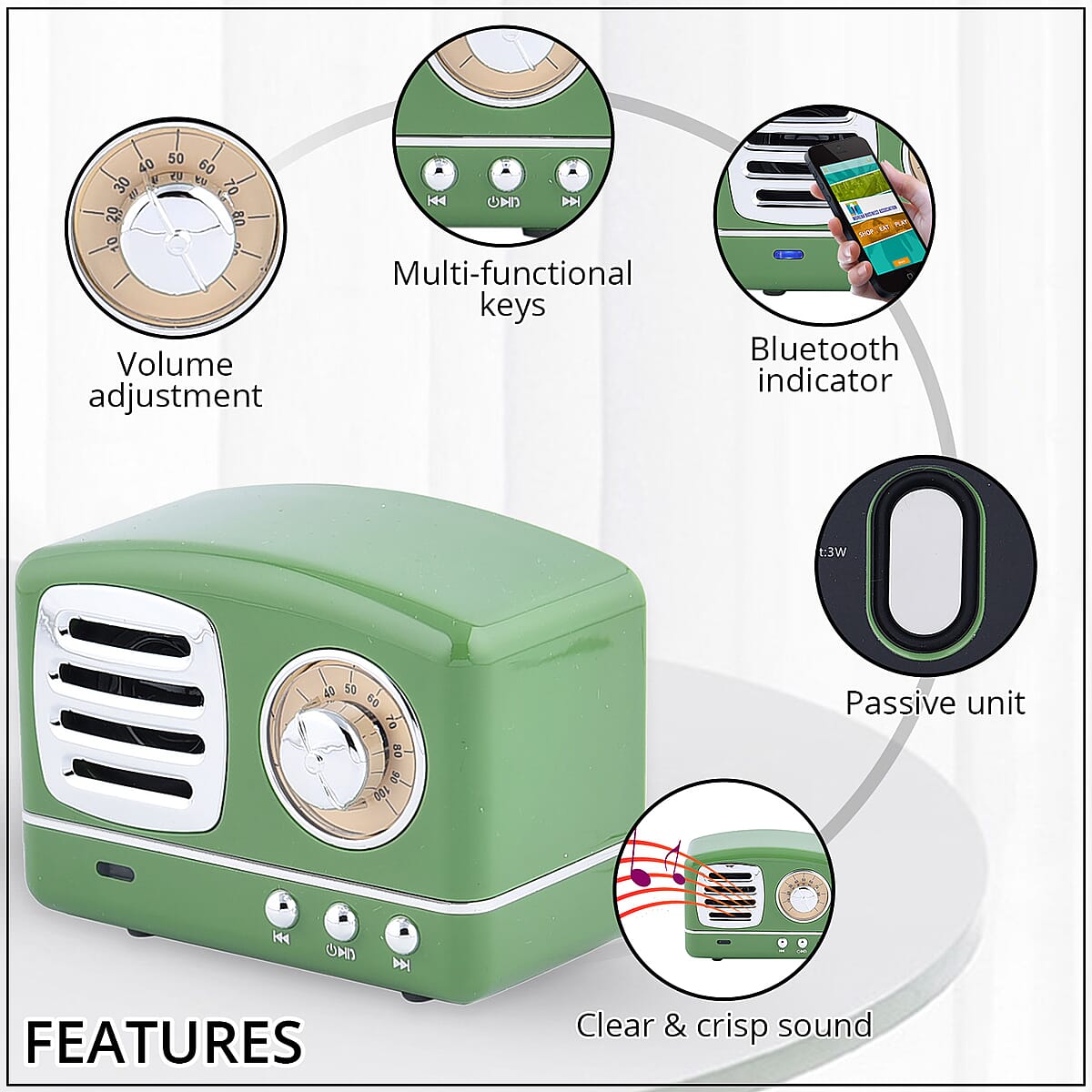 Retro Radio Inspired Multi-functional Bluetooth Speaker- Green (Battery 400mAh) image number 2