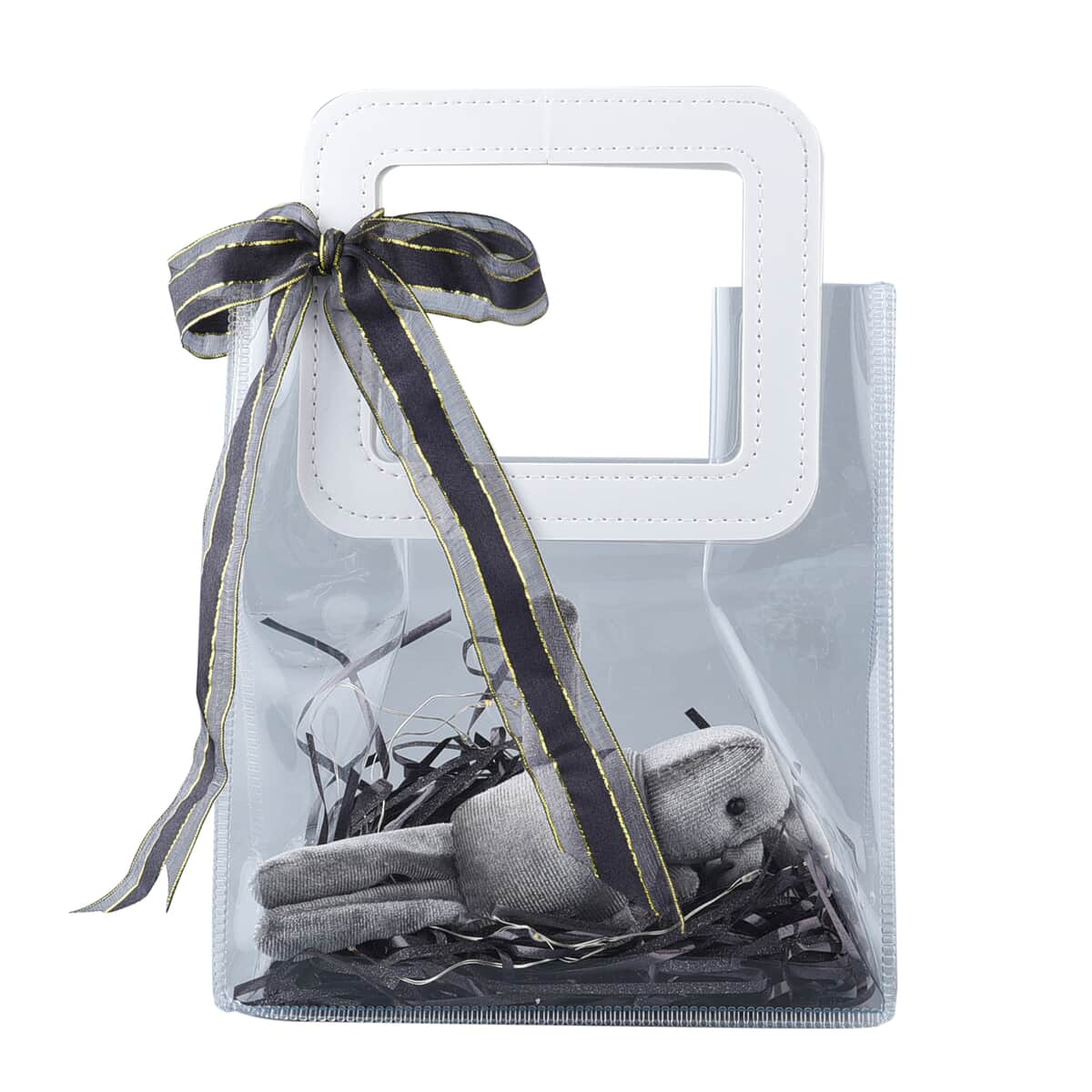 Black Gift Bag with Little Rabbit Doll, Ambient Lighting and Raffia (6.89"x3.74"x7.68") image number 0