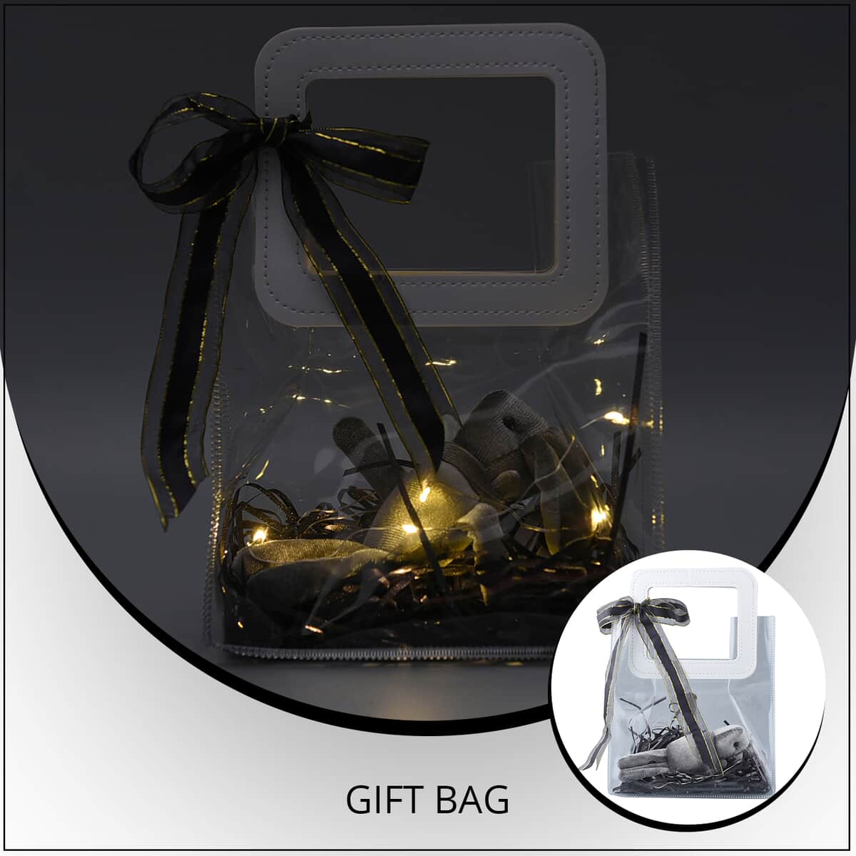 Black Gift Bag with Little Rabbit Doll, Ambient Lighting and Raffia (6.89"x3.74"x7.68") image number 1