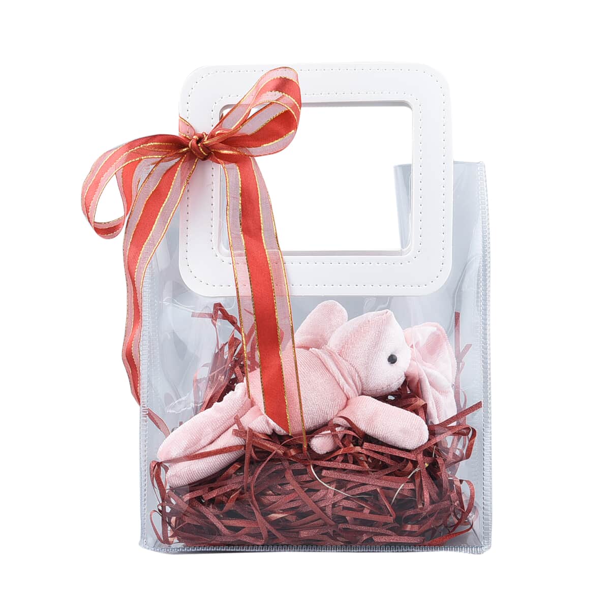 Red Gift Bag with Little Rabbit Doll, Ambient Lighting and Raffia image number 0