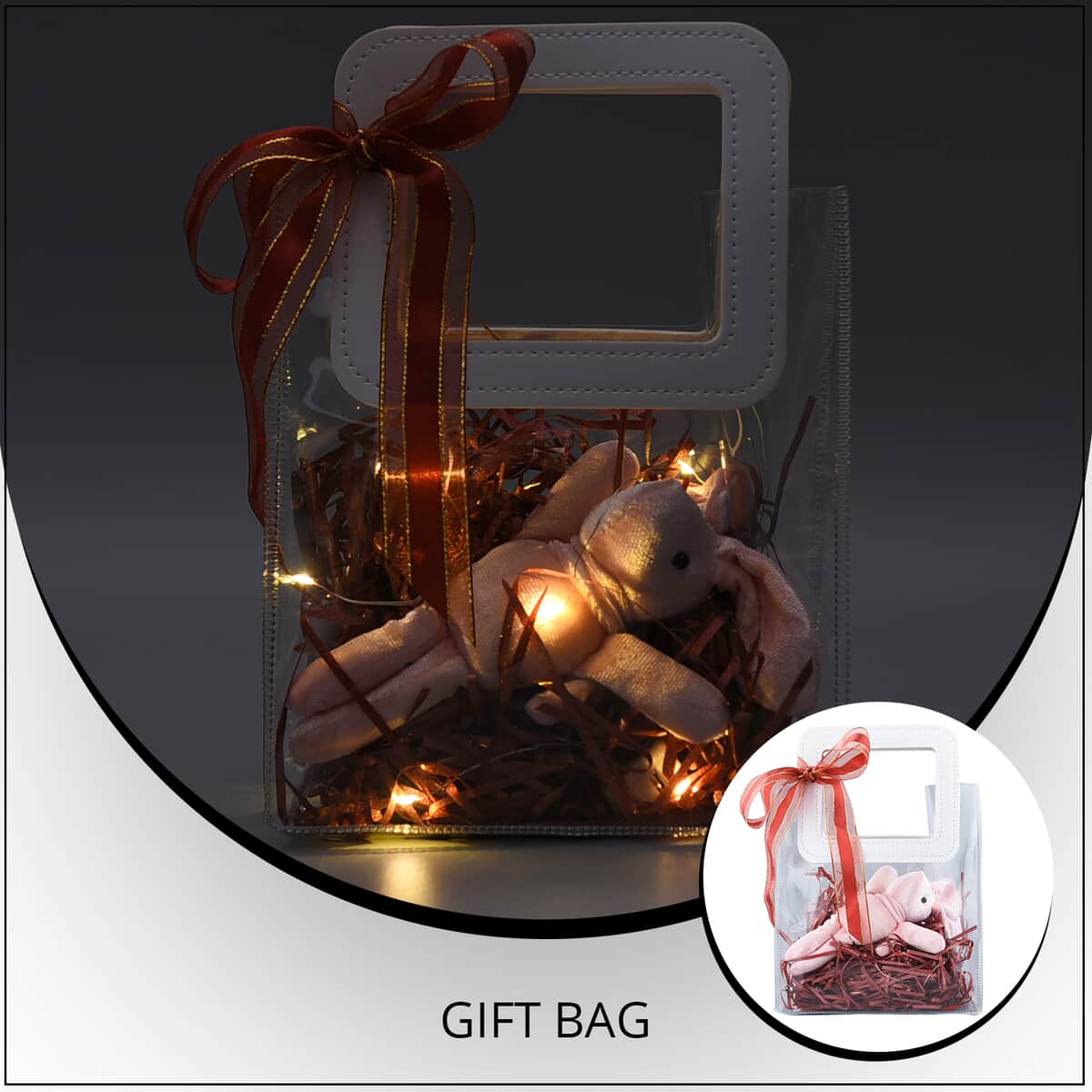 Red Gift Bag with Little Rabbit Doll, Ambient Lighting and Raffia image number 1