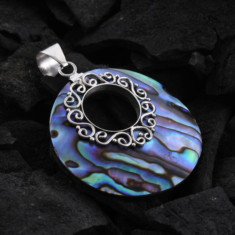 Abalone Shell Disc Scroll Pendant without Chain in Sterling Silver