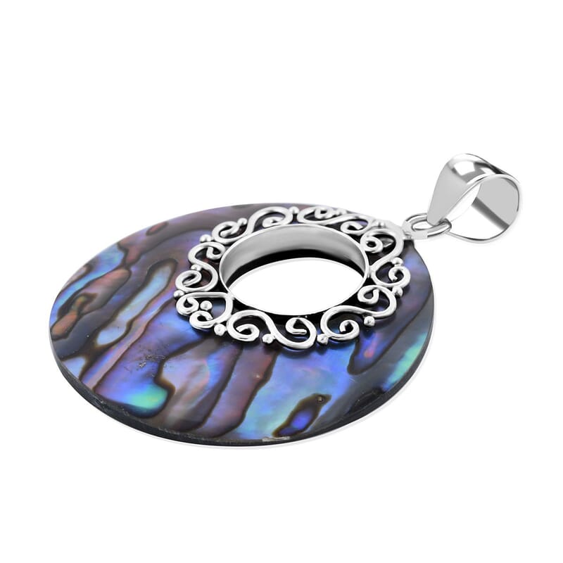 Abalone Shell Disc Scroll Pendant without Chain in Sterling Silver
