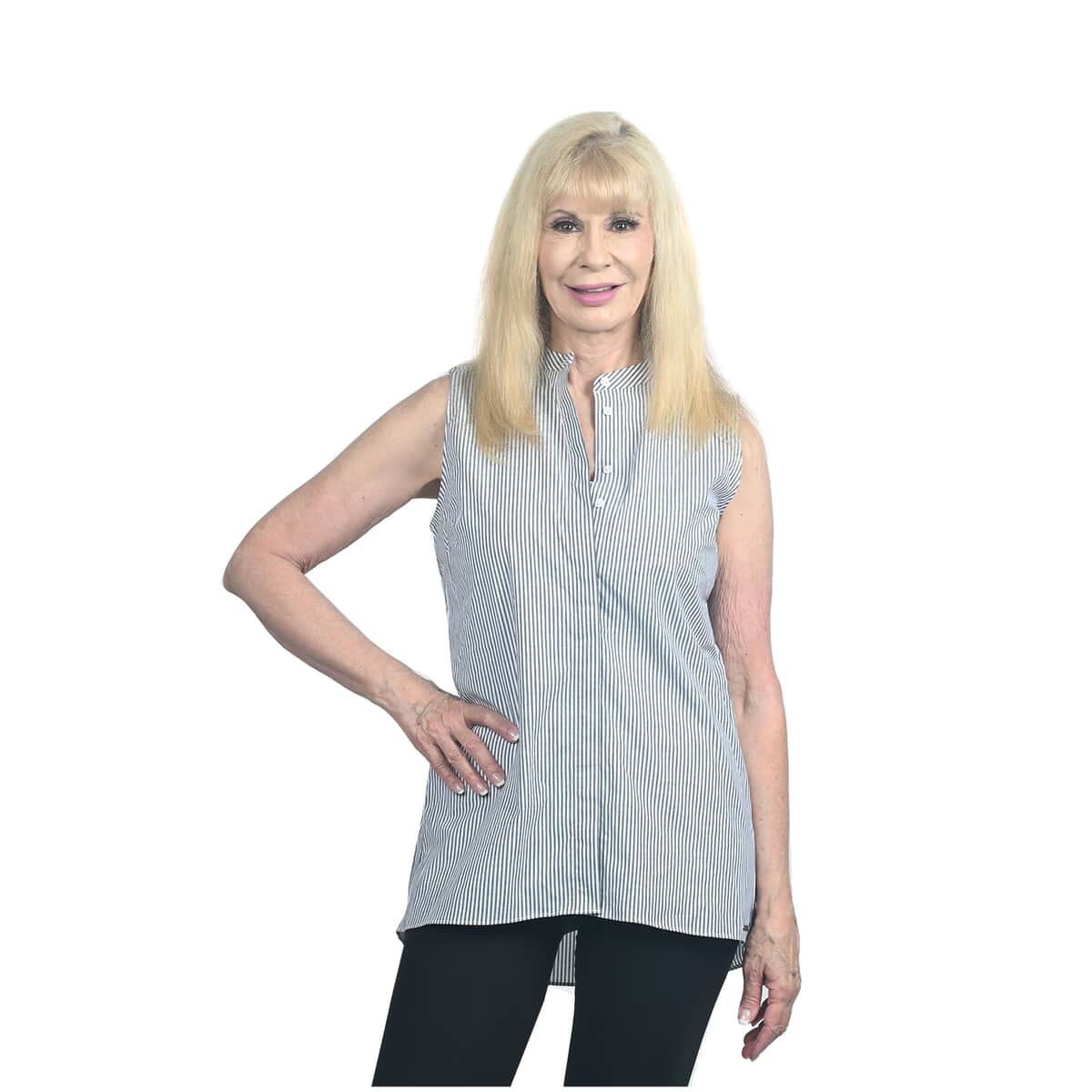 Tahari White and Navy Pinstripe Sleeveless Blouse - L image number 0