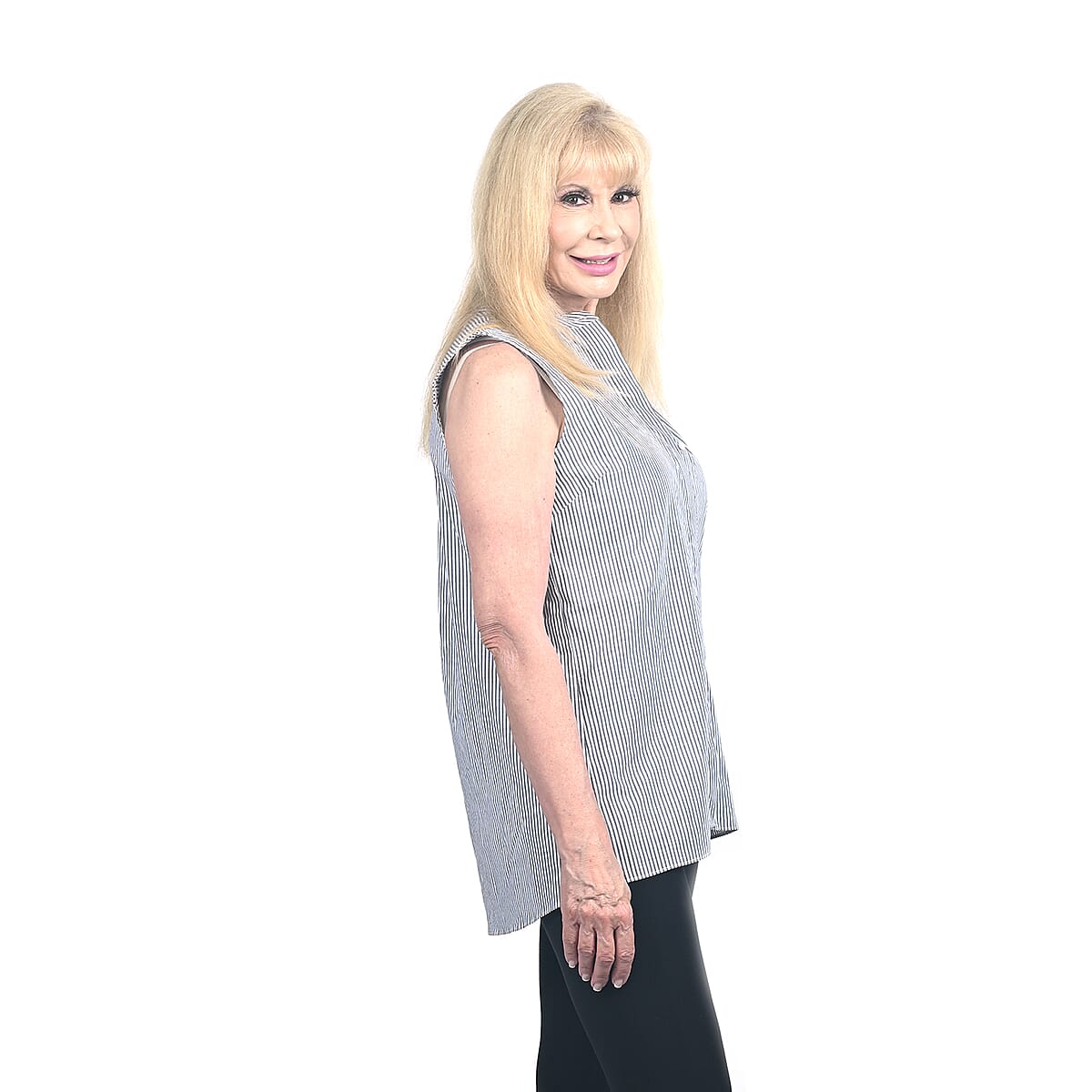 Tahari White and Navy Pinstripe Sleeveless Blouse - S image number 1