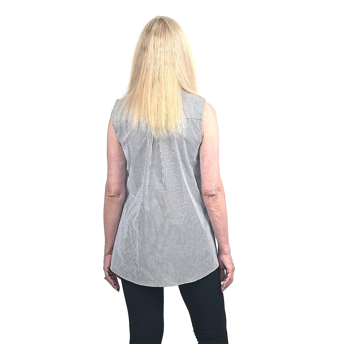 Tahari White and Navy Pinstripe Sleeveless Blouse - S image number 2