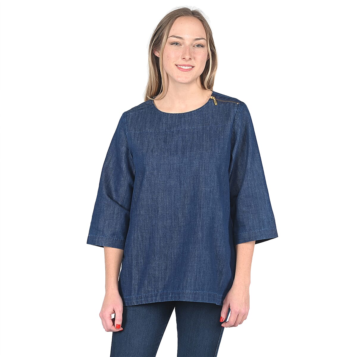 MARTHA STEWART Dark Blue Denim Zipper Shoulder Blouse - L image number 0