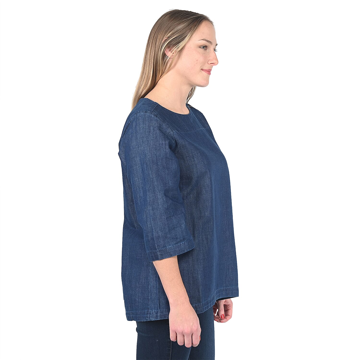 MARTHA STEWART Dark Blue Denim Zipper Shoulder Blouse - L