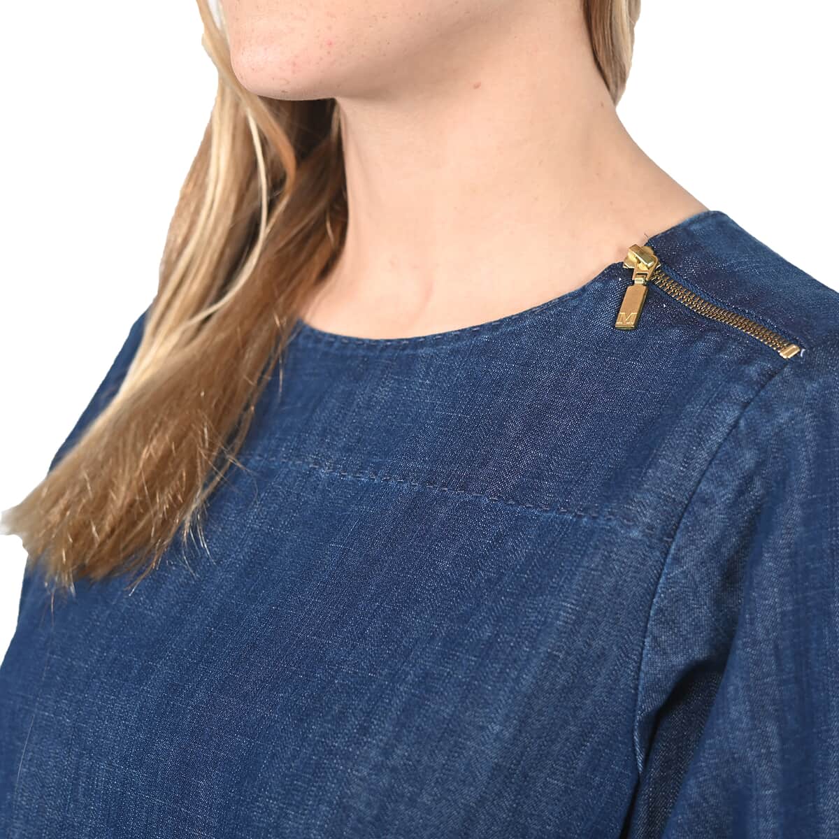MARTHA STEWART Dark Blue Denim Zipper Shoulder Blouse - L image number 4