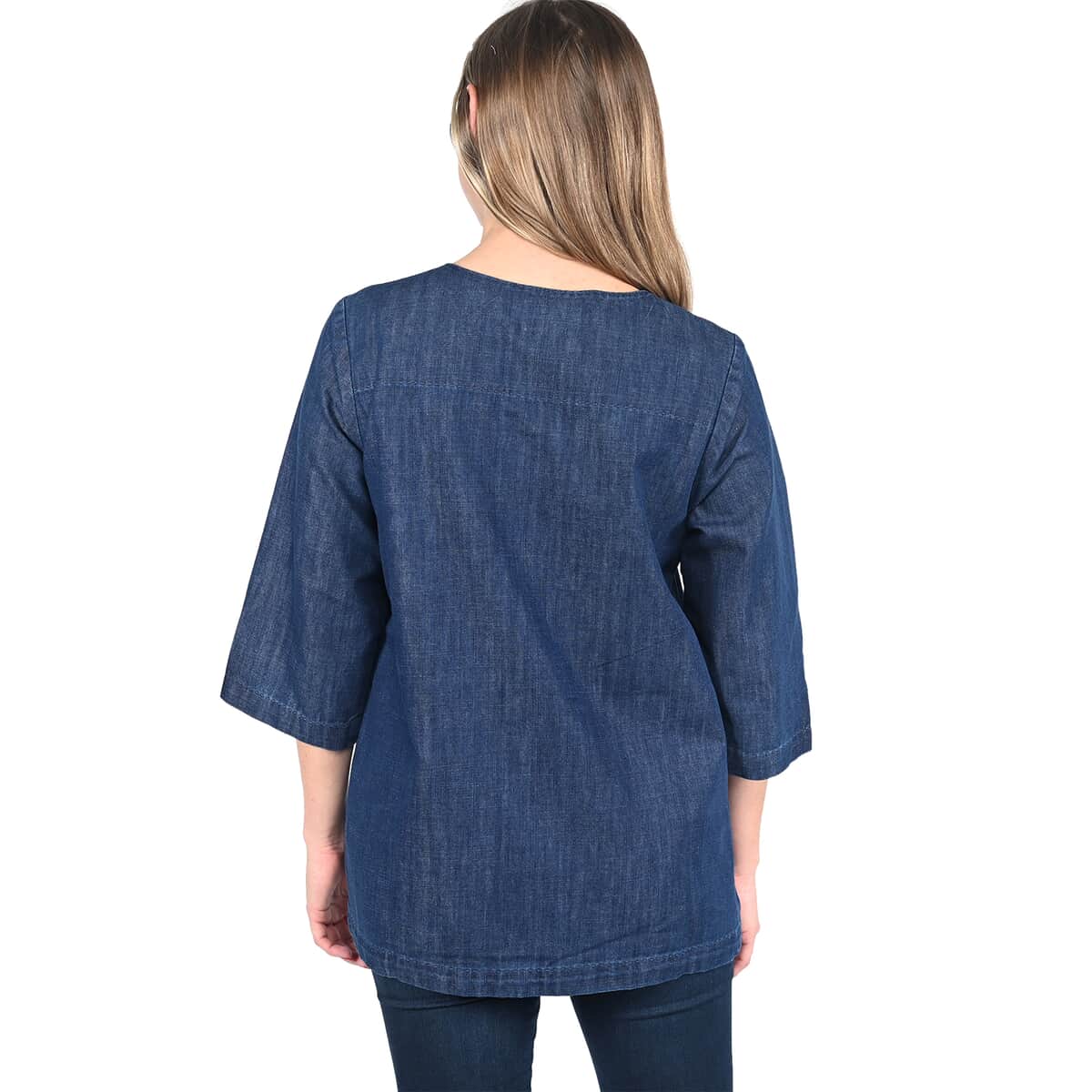 MARTHA STEWART Dark Blue Denim Zipper Shoulder Blouse - S image number 1