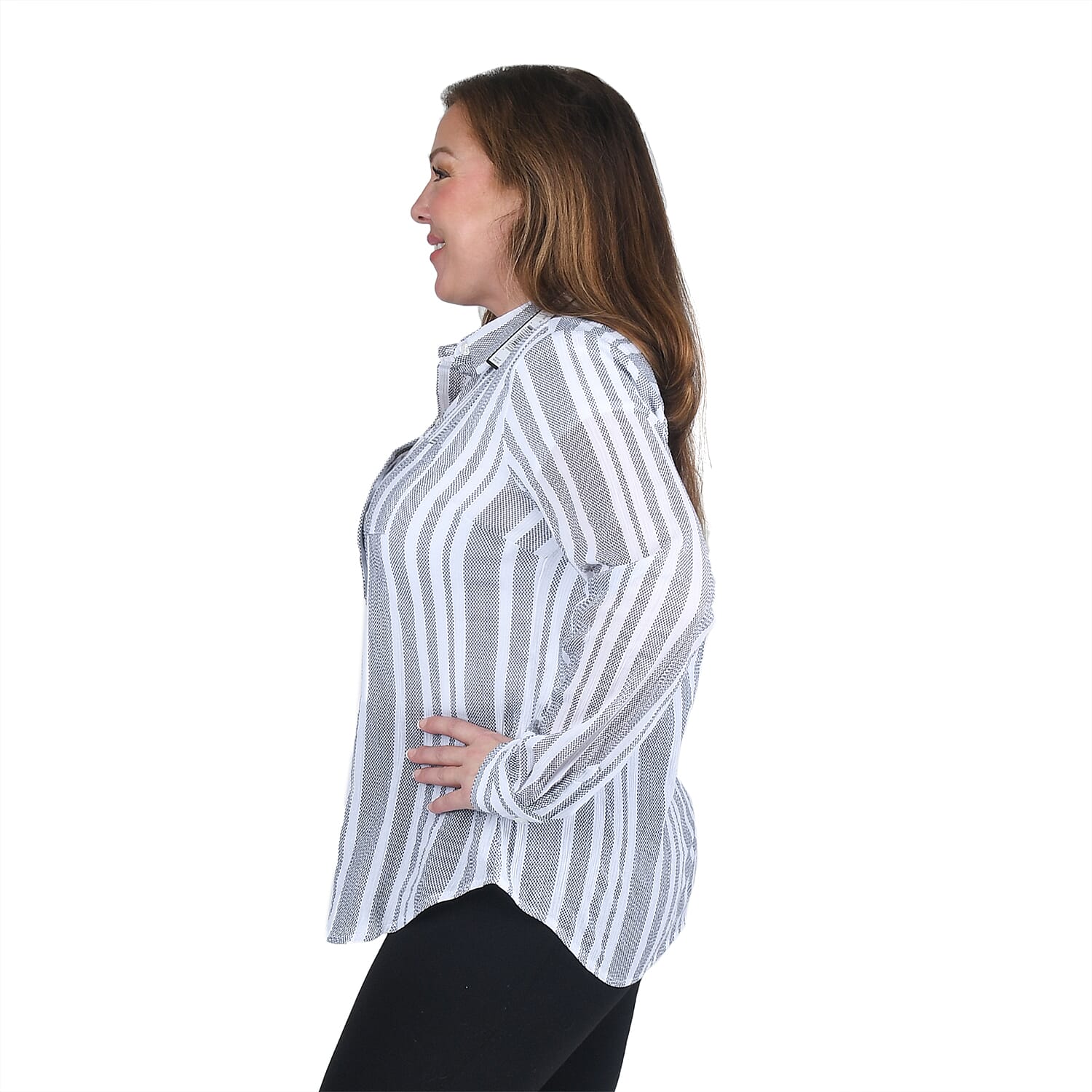 HARVE BENARD Gray and White Striped Button-up Shirt - L