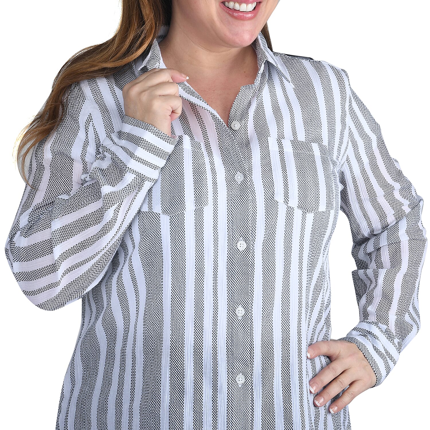 HARVE BENARD Gray and White Striped Button-up Shirt - L