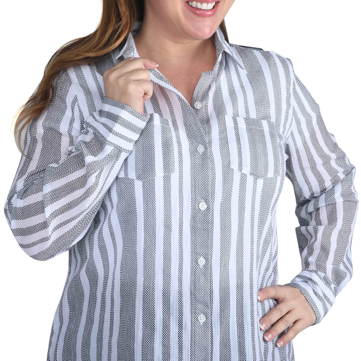 HARVE BENARD Gray and White Striped Button-up Shirt - L image number 3