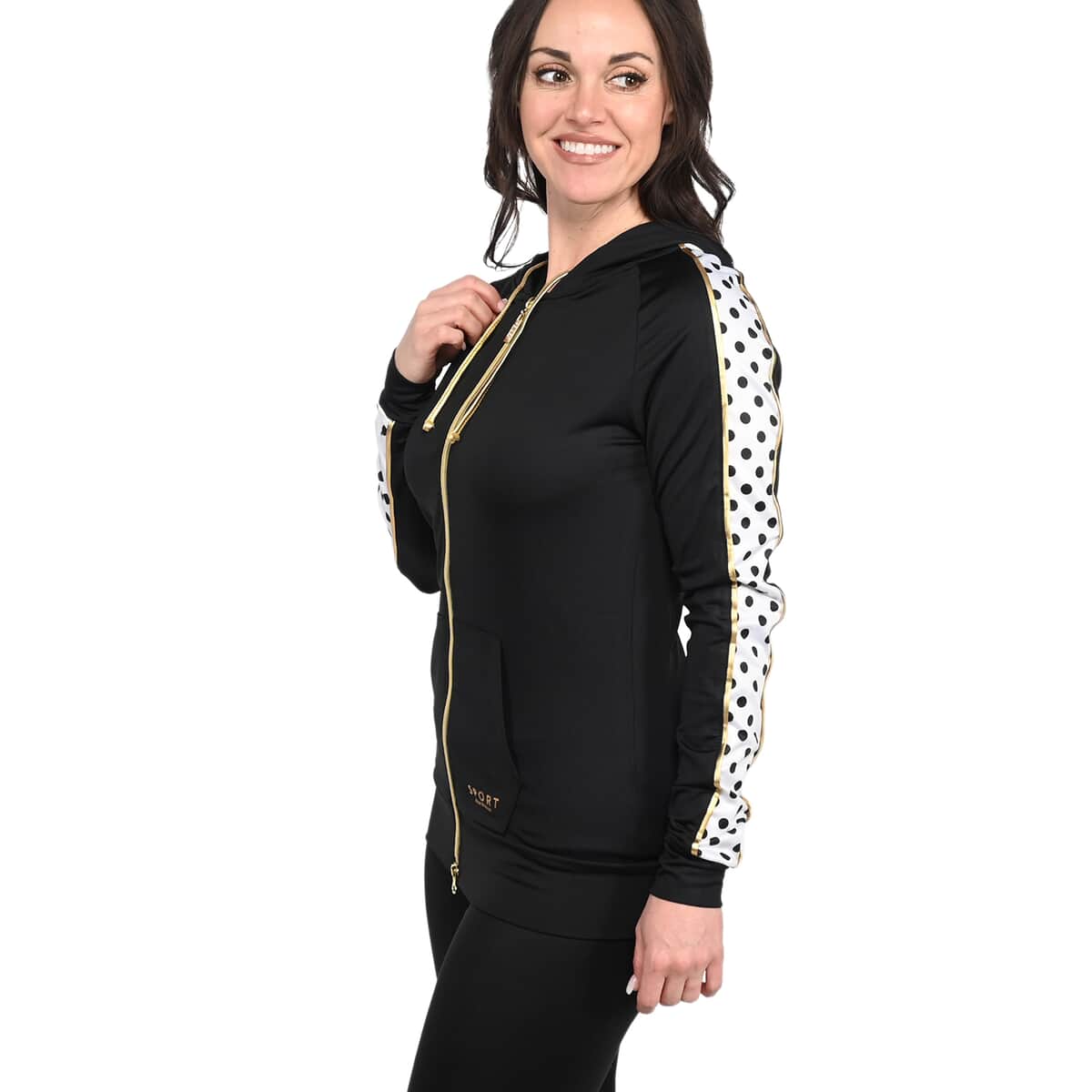 ISAAC MIZRAHI Black with Checkered Sleeve Hooded Zip-up Sport Jacket - XL image number 2