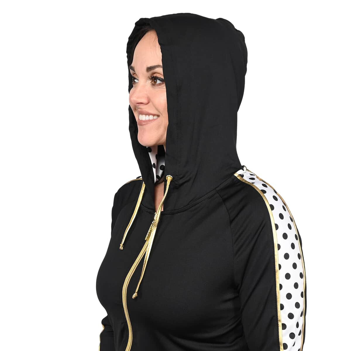 ISAAC MIZRAHI Black with Checkered Sleeve Hooded Zip-up Sport Jacket - XL image number 3