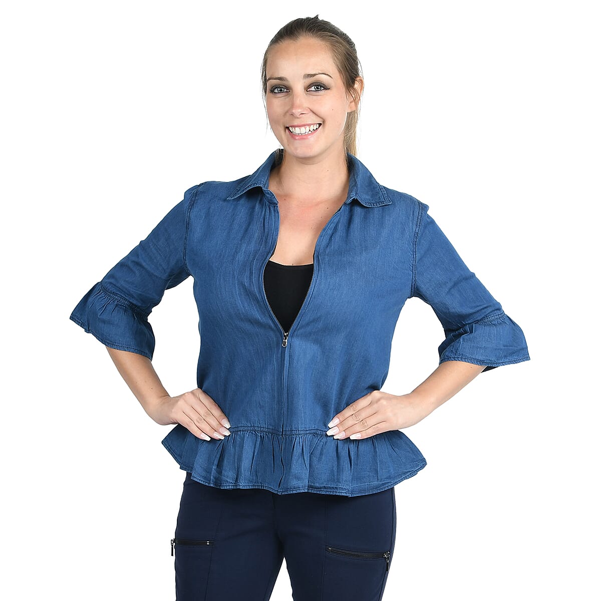 JOVIE Blue Denim Zip-Front Top - XL image number 0