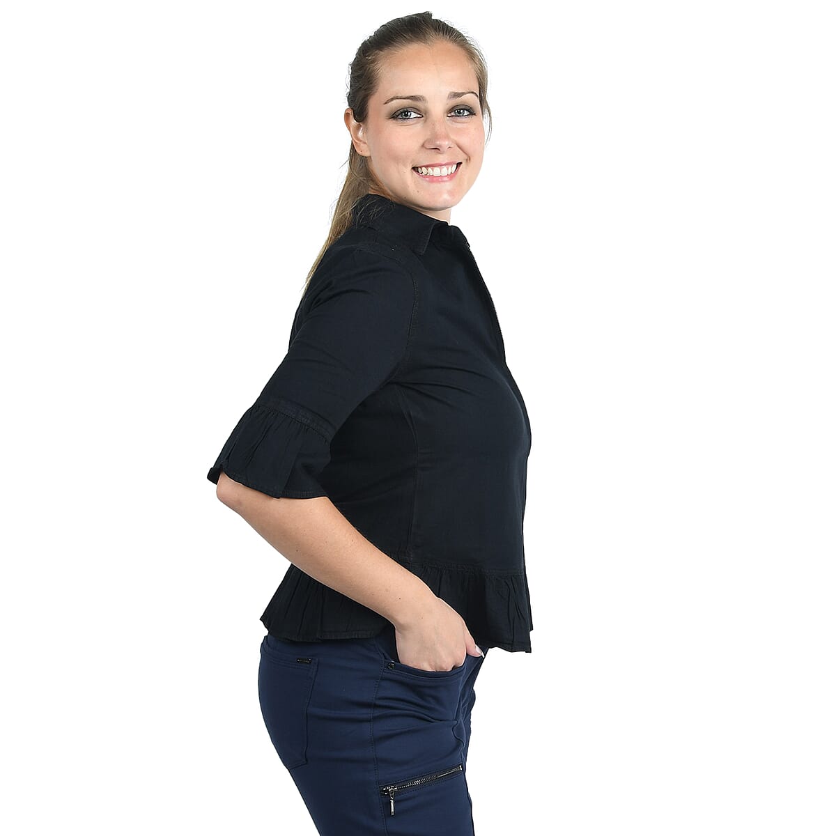 JOVIE Black Denim Zip-Front Top - M image number 2