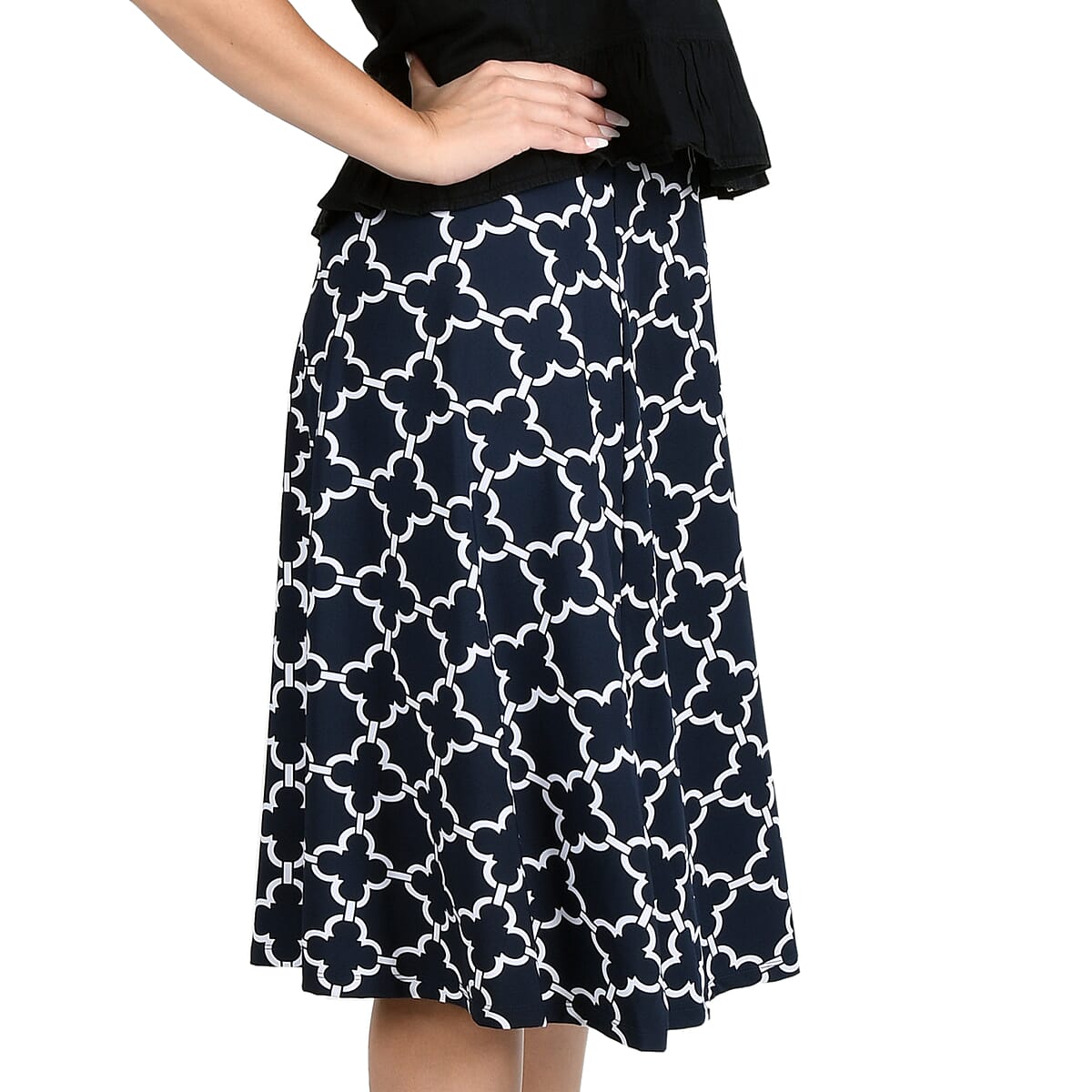 Jovie Dark Navy Quatrefoil Print Midi Skirt - L image number 2