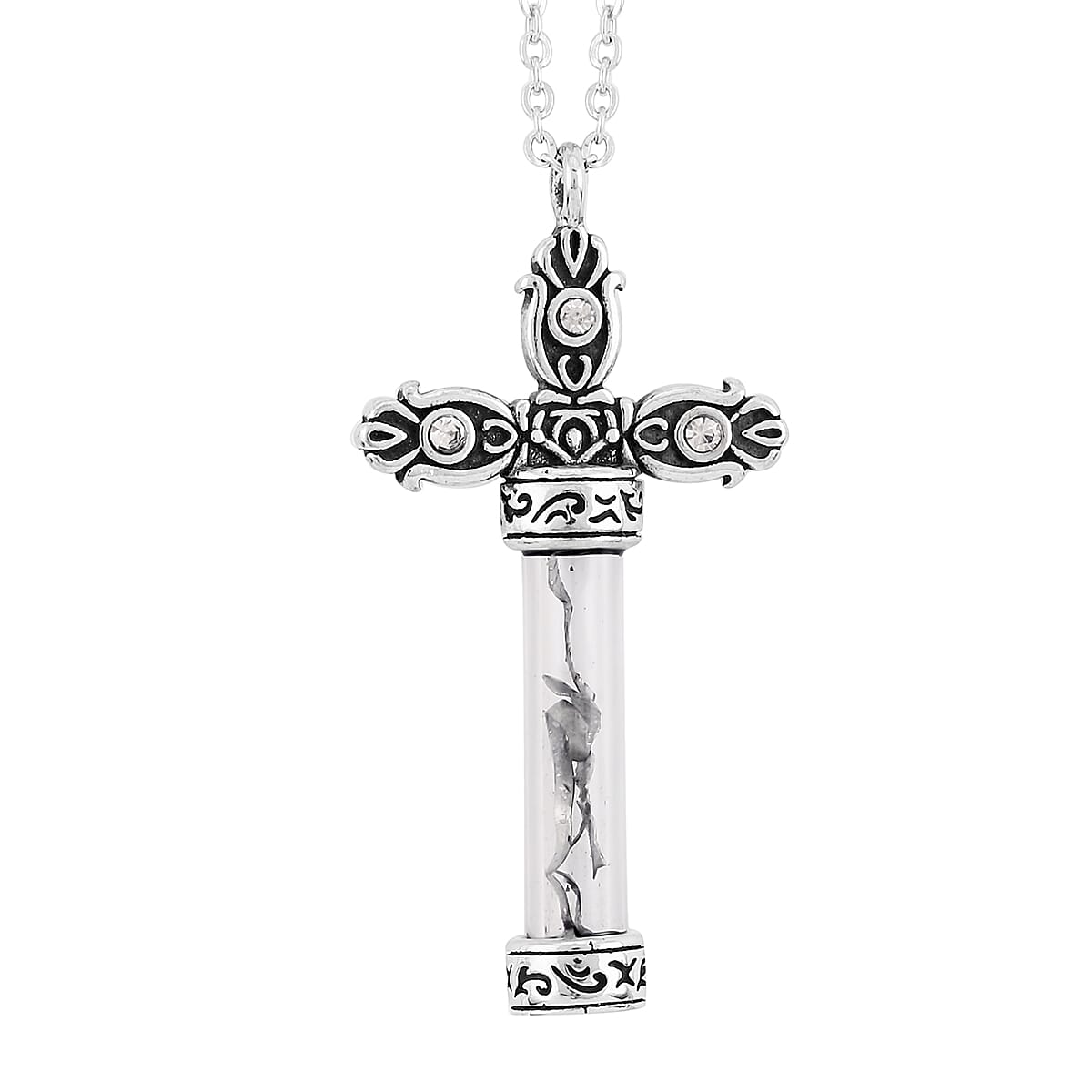 Marvelous Meteorite and Austrian Crystal, Glass Cross Bottle Necklace 20 Inches in Stainless Steel