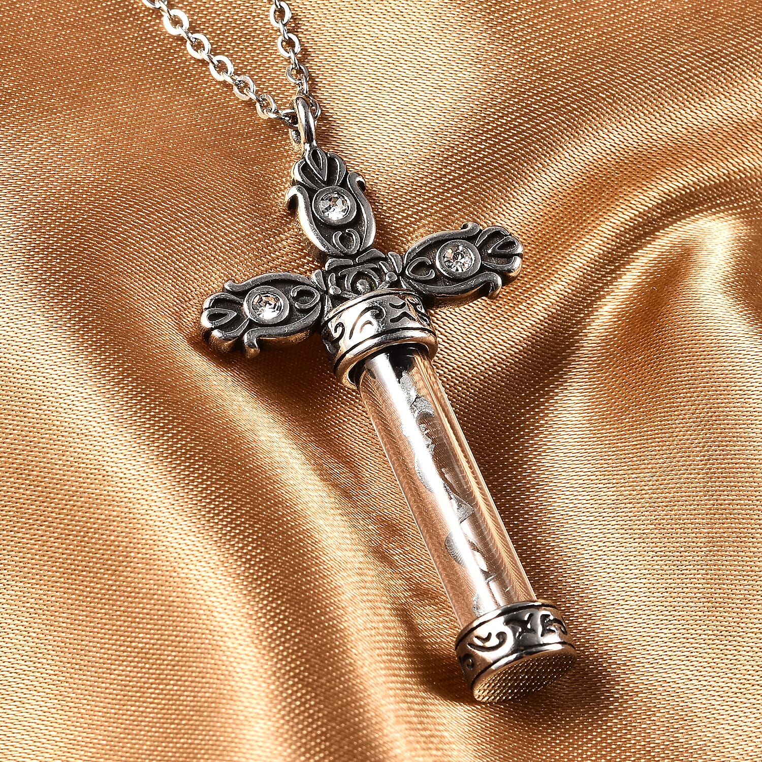 Marvelous Meteorite and Austrian Crystal, Glass Cross Bottle Necklace 20 Inches in Stainless Steel