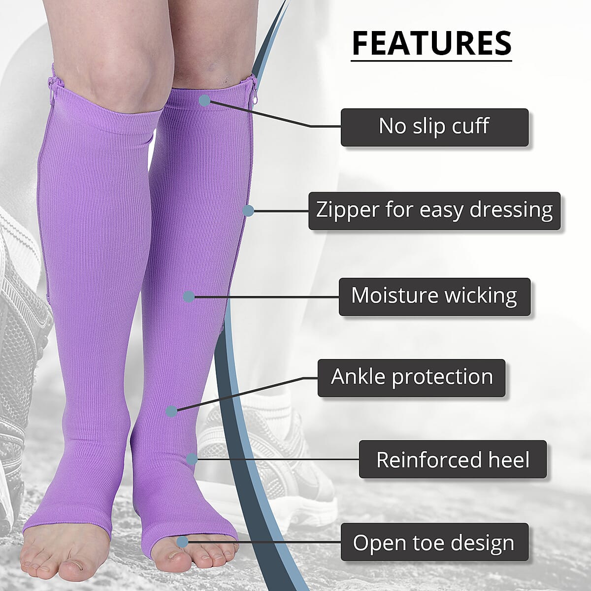 Set of 2 Pairs Purple Zipper Compression Socks with Open Toe (S/M)-15-20mmHg image number 1