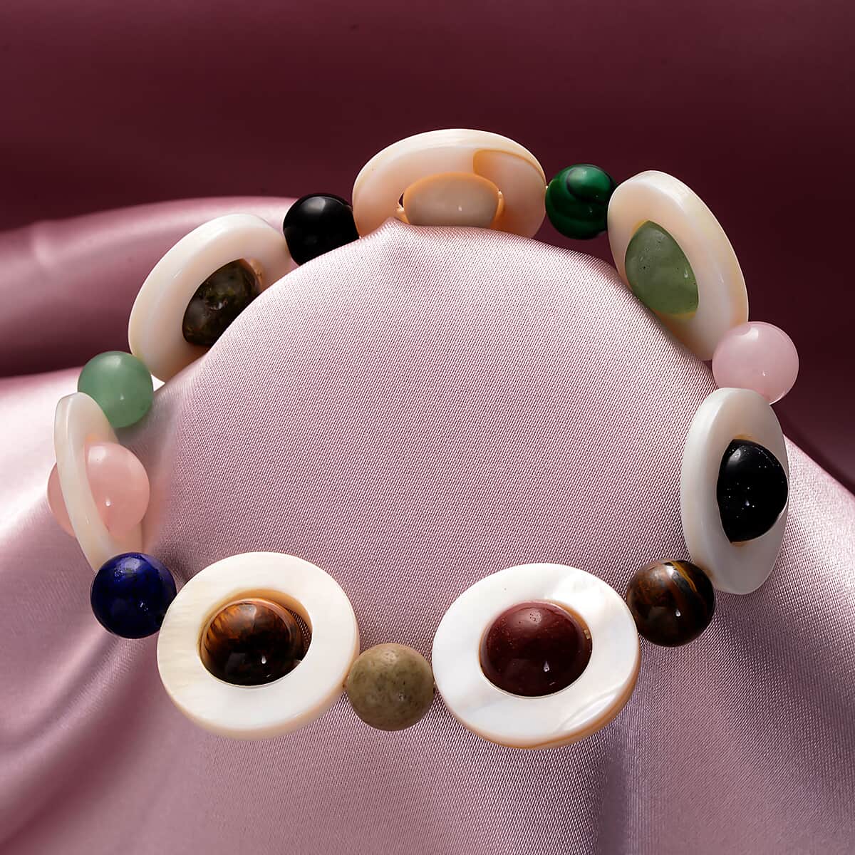 Mother of Pearl and Multi Gemstone Elastic Stretch Bracelet 168.00 ctw image number 1