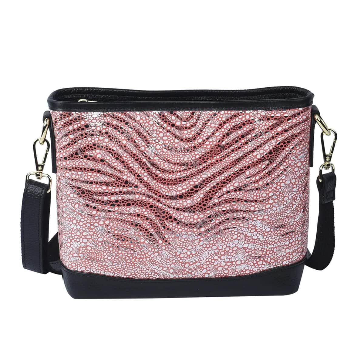 Hong Kong Closeout Collection Black and Pink Zebra Print Pattern Genuine Leather Crossbody Bag with 47 Inches Shoulder Strap image number 0