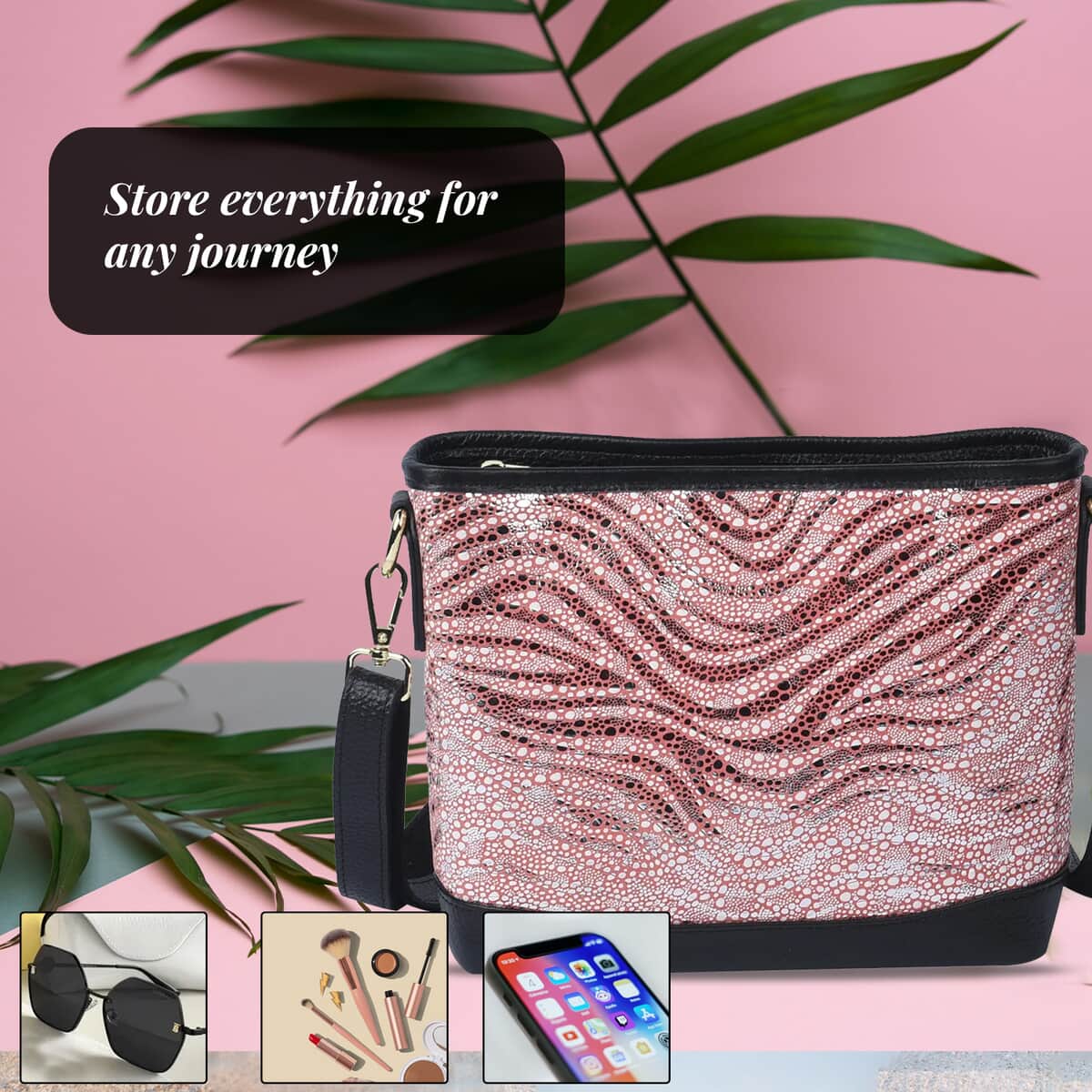 Hong Kong Closeout Collection Black and Pink Zebra Print Pattern Genuine Leather Crossbody Bag with 47 Inches Shoulder Strap image number 2