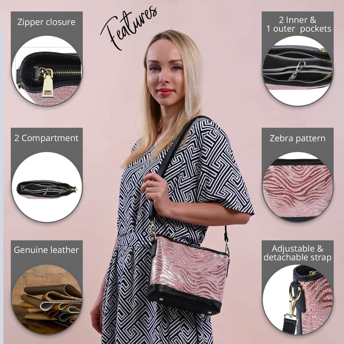 Hong Kong Closeout Collection Black and Pink Zebra Print Pattern Genuine Leather Crossbody Bag with 47 Inches Shoulder Strap image number 3