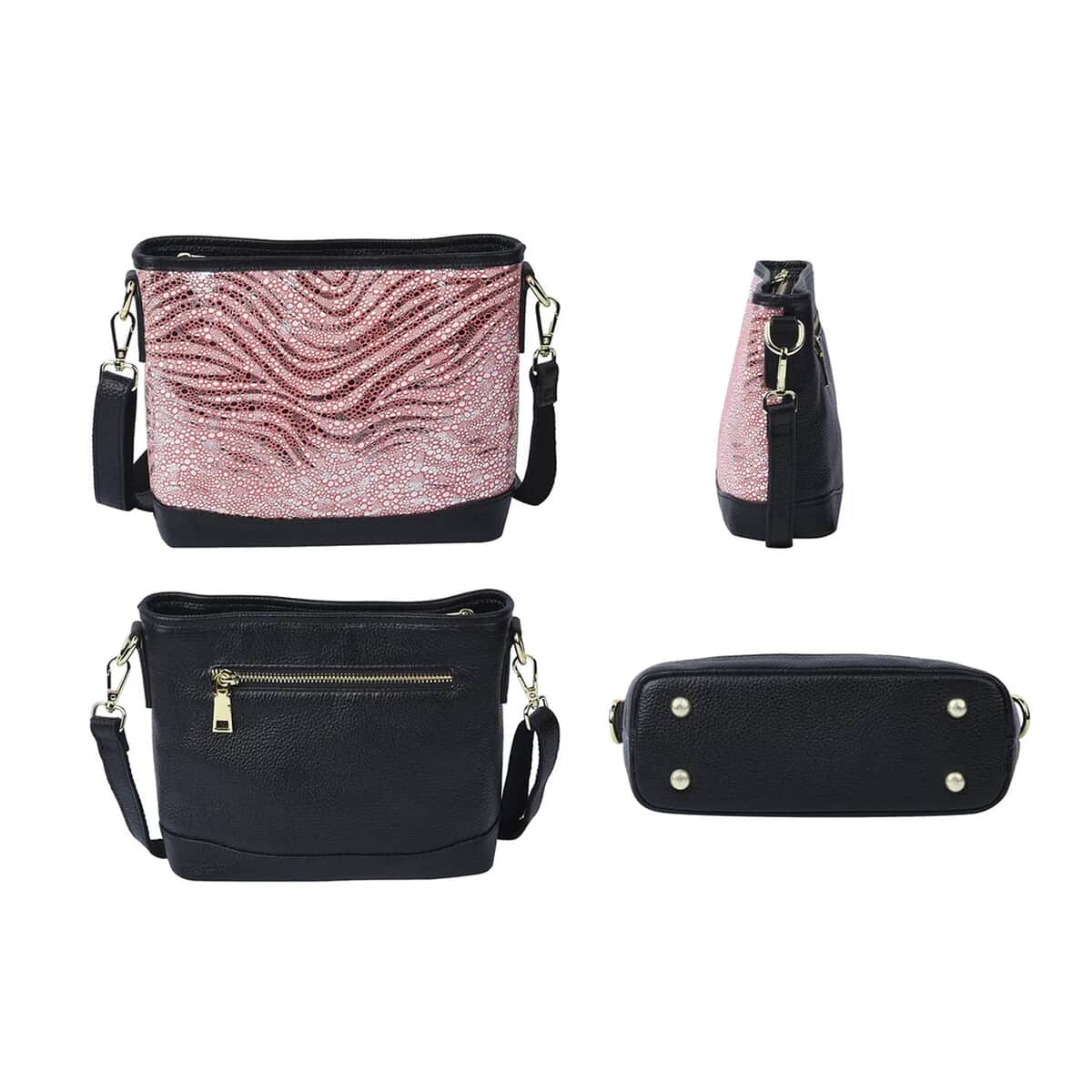 Hong Kong Closeout Collection Black and Pink Zebra Print Pattern Genuine Leather Crossbody Bag with 47 Inches Shoulder Strap image number 5