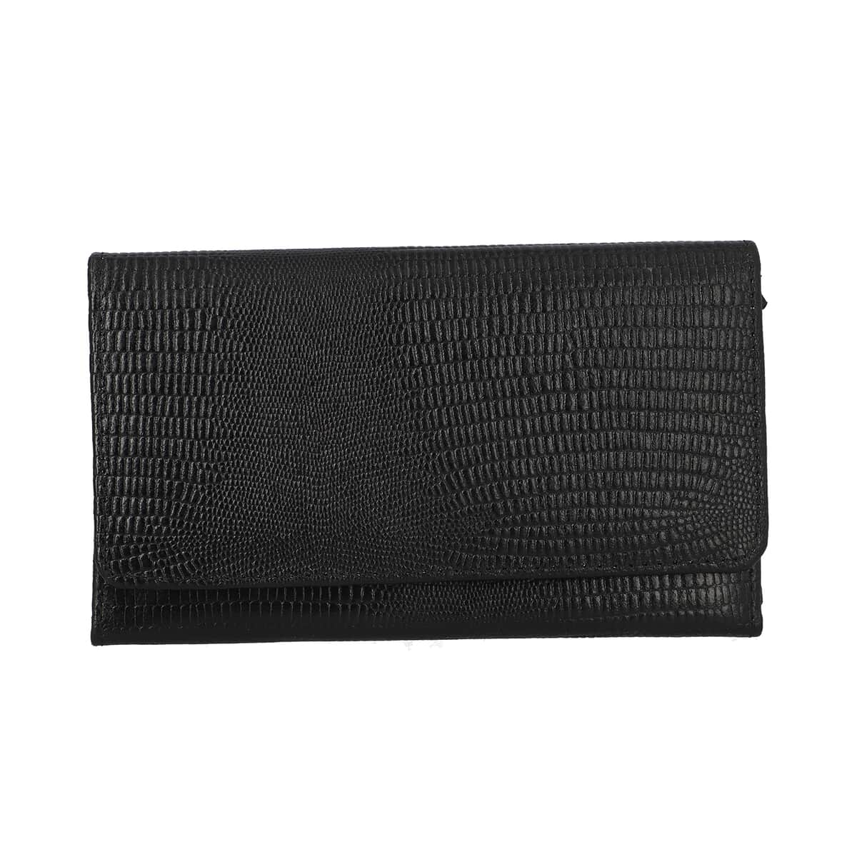 ONE TIME CLOSEOUT DEAL Black 100% Genuine Leather Lizard Embossed RFID Wallet image number 0